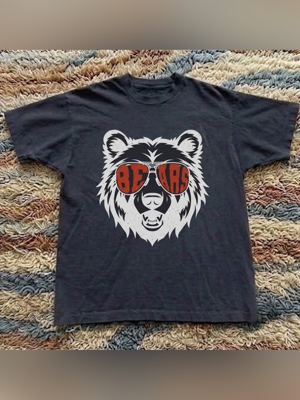 Vintage Black Tee with Bears Mascot Graphic and Orange Sunglass Text